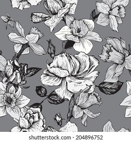 vintage vector seamless floral pattern with roses flowers and narcissus, hand drawn  illustration