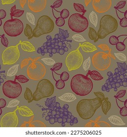 Vintage vector seamless fruit pattern in engraving style. Retro pattern with colorful fruits in retro style.