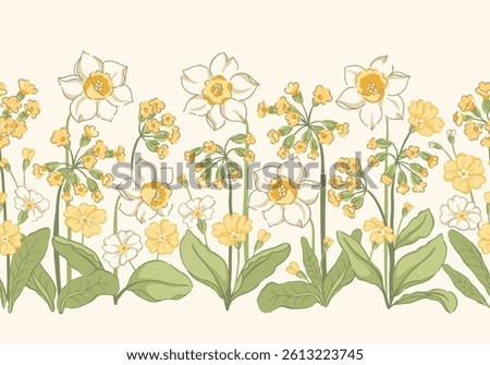 Vintage vector seamless horizontal border with delicate hand drawn flowers, daffodils, primroses with green foliage. Floral garden cottagecore design for spring, Easter textiles, stationery, weddings