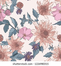 Padrão sem emenda de vetor vintage com flores de áster, rosa de chá, flores de dália e flores silvestres. Padrão floral de outono. Ilustração vetorial botânica desenhada à mão.  