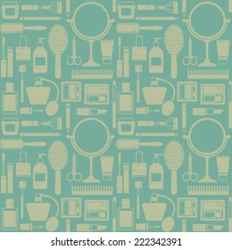 Vintage vector seamless pattern background with various cosmetic objects 1