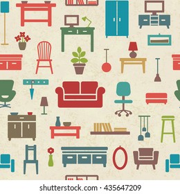 Vintage vector seamless pattern background with home furniture icons
