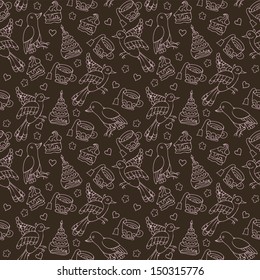 Vintage Vector Seamless Pattern. Birds drink tea with cake