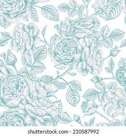 Vintage vector seamless pattern with blue roses.