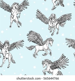 Vintage vector seamless pattern of blue winged pegasus on white background, vintage vector design elements, greeting card