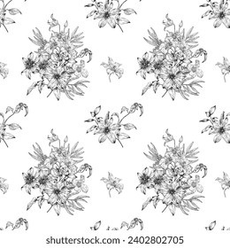 Vintage vector seamless pattern with bouquet flowers of Clematis black and white. Hand drawn elements Monochrome. Elegant floral background for design