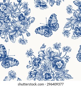 Vintage vector seamless pattern with a bouquet of flowers and butterflies in blue. Violet, daisy, dahlia.