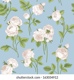 Vintage vector seamless pattern with bouquets of flowers blooming garden Victorian roses. White flowers with green leaves on a light blue background. Classic.