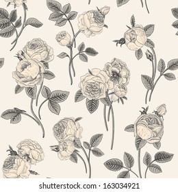Vectorial vectorial vintage con ramos de flores floreciendo jardín de rosas victorianas. Flores blancas grises con hojas grises sobre un fondo gris claro. Clásico.