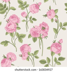 Vintage vector seamless pattern with bouquets of flowers blooming garden Victorian roses. Pink flowers with green leaves on a light gray background. Classic.