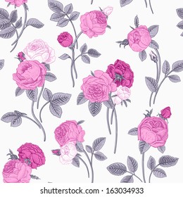 Vintage vector seamless pattern with bouquets of flowers blooming garden Victorian roses. Pink flowers with gray leaves on a light gray background. Classic.