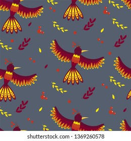 vintage vector  seamless pattern of bright orange bird, phoenix and autumn leaves and berries