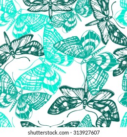 vintage vector seamless pattern with  butterflies, hand drawn vector illustration
