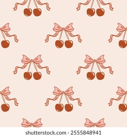 Vintage vector seamless pattern cherry with a ribbon pink bow in a coquette aesthetics.	