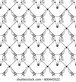 Vintage vector seamless pattern - The cow skull with feathers