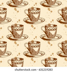 Vintage vector seamless pattern with cup of coffee