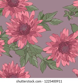 Vintage vector seamless pattern with dahlia flowers and leaves. Autumn floral texture. Hand drawn botanical vector illustration.  