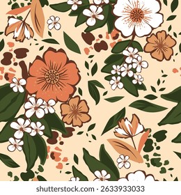 Vintage vector seamless pattern with delicate flowers, green leaves and leopard spots on beige. Perfect for textile, wallpaper, fabric and home decor.