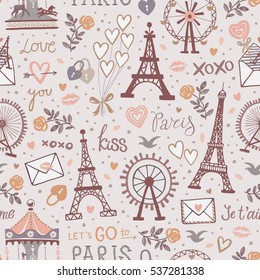 Vintage vector seamless pattern with Eiffel tower, letters, roses,hearts and Ferris wheel icons