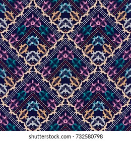 Vintage vector seamless pattern. Floral blue background. Modern wallpaper. Design with hand drawn swirl colorful flowers, leaves, geometric elements, rhombus, stripes, frames and abstract ornaments.
