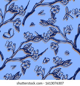 Vintage vector seamless pattern. Flowering branches and flying insects sketch. Tender spring background. Hand drawn abstract botanical wallpaper. For wrapping, paper, textile, postcard, prints, fabric