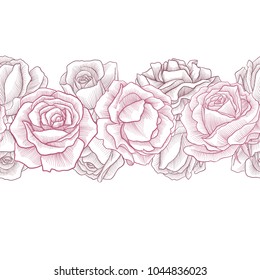 vintage vector seamless pattern with flowers, floral garland, imitation of engraving, hand drawn background