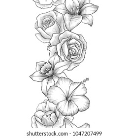 vintage vector seamless pattern with flowers, floral garland, imitation of engraving, hand drawn background