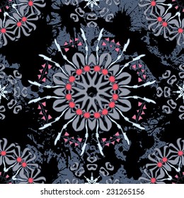Vintage vector seamless pattern with flowers and blots. Floral mandala ornament.
