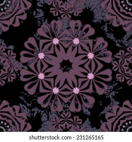Vintage vector seamless pattern with flowers and blots. Floral mandala ornament.