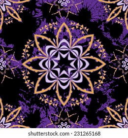 Vintage vector seamless pattern with flowers and blots. Floral mandala ornament.