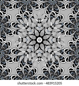 Vintage vector seamless pattern with flowers and mandala in gray.