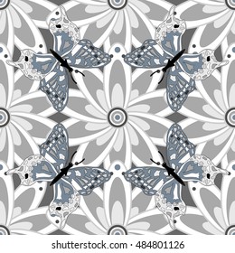 Vintage vector seamless pattern with flowers and mandala in gray and white with butterfly. Light.
