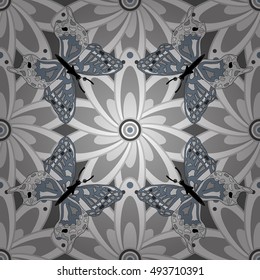 Vintage vector seamless pattern with flowers and mandala in gray and white. Light.