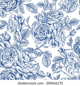 Vintage vector seamless pattern with garden roses in blue on a white background.