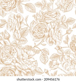 Vintage vector seamless pattern with garden beige roses on white background.