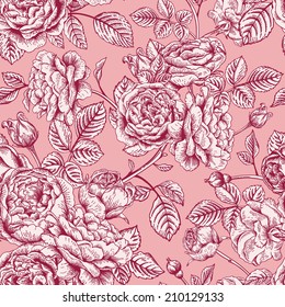 Vintage vector seamless pattern with garden roses on a pink background.