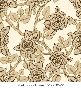 Vintage vector seamless pattern with garden beige roses with stems, thorns and spikes, on light background. Rose blossoms with leaves, hand-drawn sketch background, perfect for romantic events.
