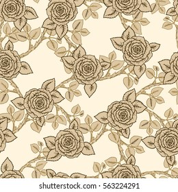 Vintage vector seamless pattern with garden beige roses with stems, thorns and spikes, on light background. Rose blossoms with leaves, hand-drawn sketch , perfect for romantic events.
