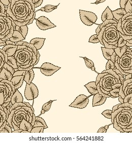 Vintage vector seamless pattern with garden beige roses on light background. Rose blossoms with leaves, hand-drawn sketch background, perfect for romantic events an for invitation card design.
