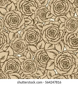 Vintage vector seamless pattern with garden beige roses on light background. Rose blossoms with leaves, hand-drawn sketch background, perfect for romantic events.