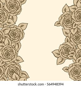 Vintage vector seamless pattern with garden beige roses and little cute flowers on light background. Rose blossoms with leaves, hand-drawn sketch background, perfect for romantic events.