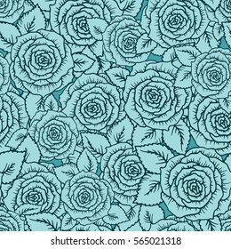 Vintage vector seamless pattern with garden roses on light mint green background. Rose blossoms with leaves and little flowers, hand-drawn sketch background, perfect for romantic events.