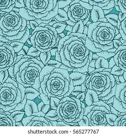 Vintage vector seamless pattern with garden roses on light mint green background. Rose blossoms with leaves and little flowers, hand-drawn sketch background, perfect for romantic events.