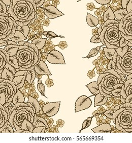 Vintage vector seamless pattern with garden beige roses and little cute flowers on light background. Rose blossoms with leaves, hand-drawn sketch background, perfect for romantic events.