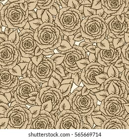 Vintage vector seamless pattern with garden beige roses on light background. Rose blossoms with leaves, hand-drawn sketch background, perfect for romantic events