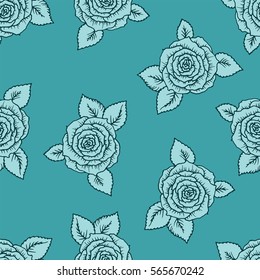 Vintage vector seamless pattern with garden roses on light mint green background. Rose blossoms with leaves and little flowers, hand-drawn sketch background, perfect for romantic events.