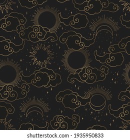 Vintage Vector Seamless Pattern With Gold Abstract Sun, Moon, Stars And Clouds Isolated On Black Background. Mystical And Mysterious Illustration For Print, Fabric, Brochure, Card, Wallpaper