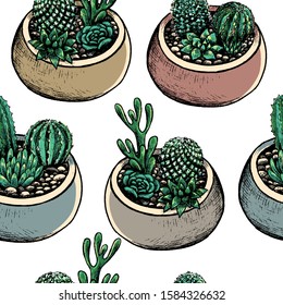 Vintage vector seamless pattern. Graphic sketches of pots with cacti and succulents. House plants. Colored floral background. Hand drawn botanical wallpaper. For wrap, textile, postcards, prints etc.
