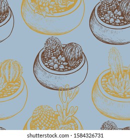 Vintage vector seamless pattern. Graphic sketches of pots with cacti and succulents. House plants. Gentle floral background. Hand drawn botanical wallpaper. For wrap, textile, postcards, prints etc.