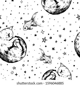 Vintage vector seamless pattern. Graphic sketches of sleeping kitten and a goldfish on a background of stars. Cute abstract hand drawn wallpaper isolated on white. For wrap, textil, postcards, prints.